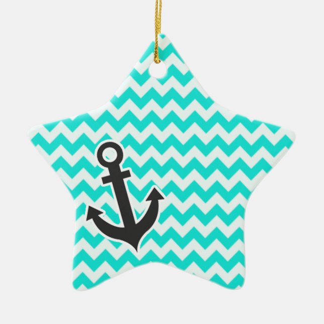 Nautical Anchor on Aqua Colour Chevron Ceramic Ornament (Front)