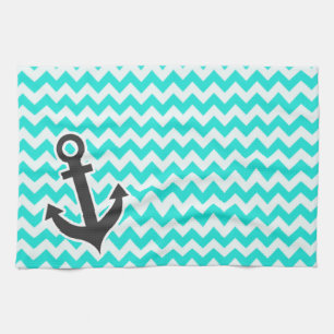 Nautical Anchor on Aqua Colour Chevron Kitchen Towel