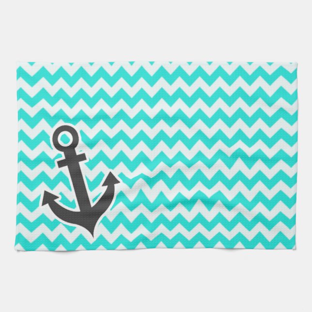 Nautical Anchor on Aqua Colour Chevron Kitchen Towel (Horizontal)
