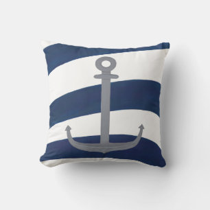Nautical Anchor on Blue and White Wavy Stripes Throw Pillow