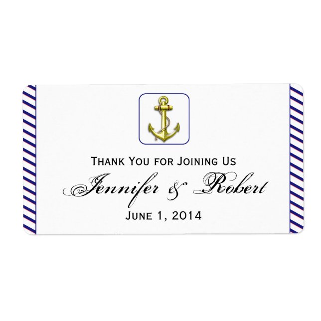 Nautical Anchor on Blue Stripe Water Bottle Label (Front)