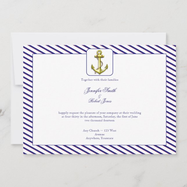 Nautical Anchor on Blue Stripe Wedding Invitation (Front)