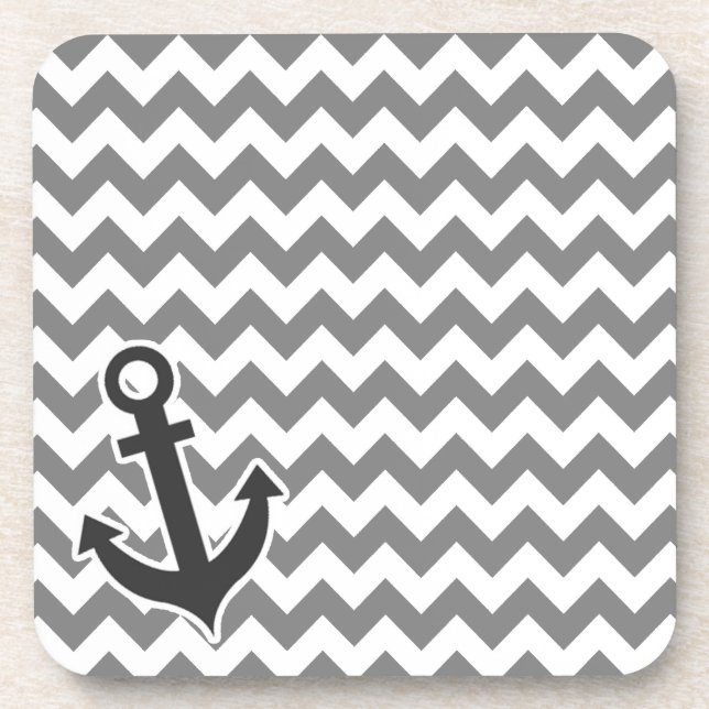 Nautical Anchor on Dark Grey Chevron Coaster (Front)