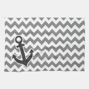 Nautical Anchor on Dark Grey Chevron Kitchen Towel