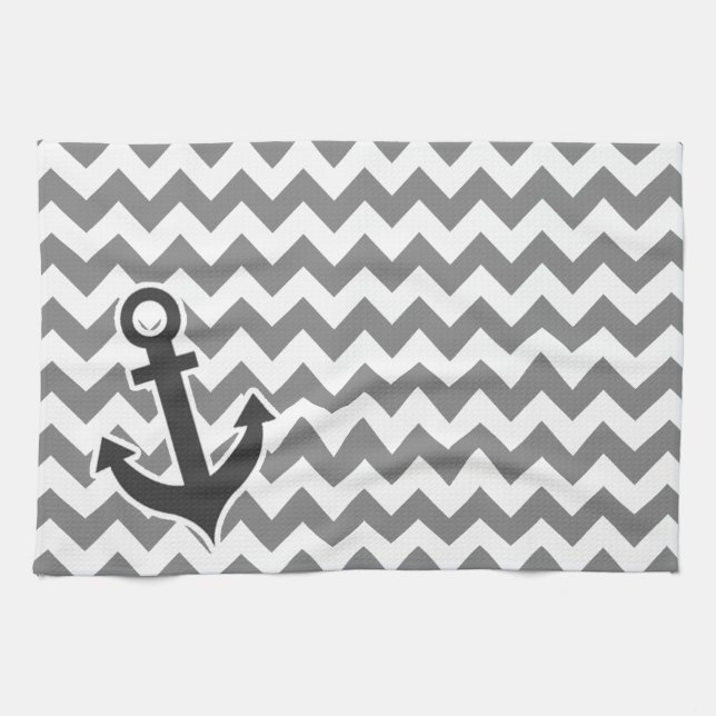 Nautical Anchor on Dark Grey Chevron Kitchen Towel (Horizontal)