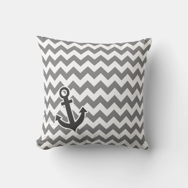 Nautical Anchor on Dark Grey Chevron Throw Pillow (Front)
