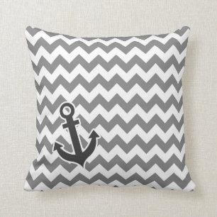 Nautical Anchor on Dark Grey Chevron Throw Pillow