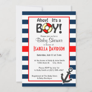 Nautical Anchor on Dark Midnight Blue Stripes Invitation