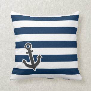 Nautical Anchor on Dark Midnight Blue Stripes Throw Pillow