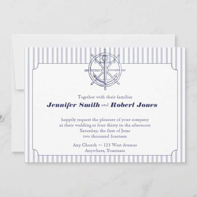 Nautical Anchor on Grey Stripe Wedding Invitation (Front)
