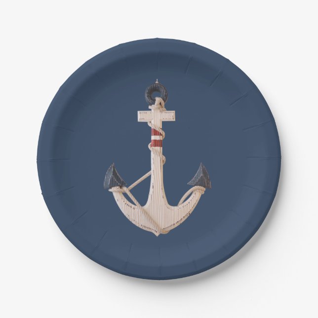 nautical anchor on navy blue paper plate (Front)