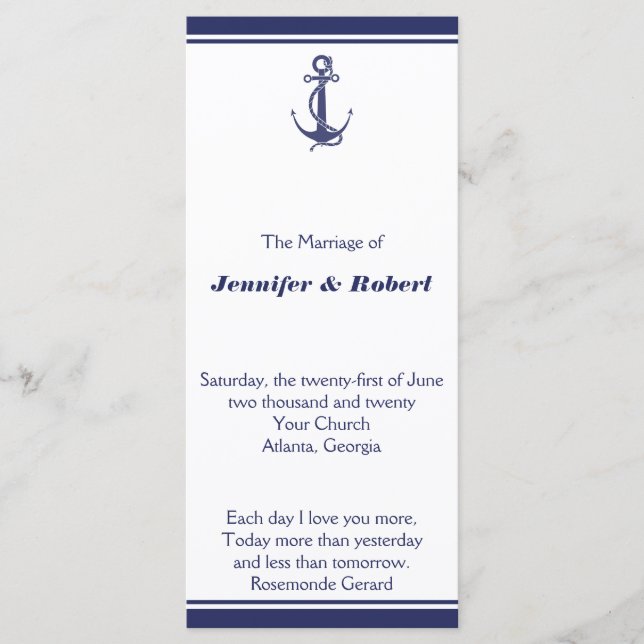 Nautical Anchor on Navy Wedding Program (Front)