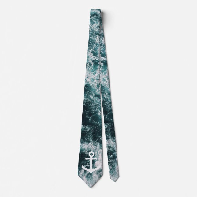 Nautical anchor on ocean photo background tie (Front)