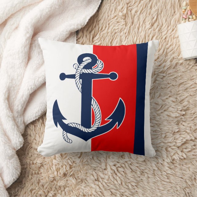Nautical Anchor On Red White Blue Stripes Pattern Throw Pillow (Blanket)
