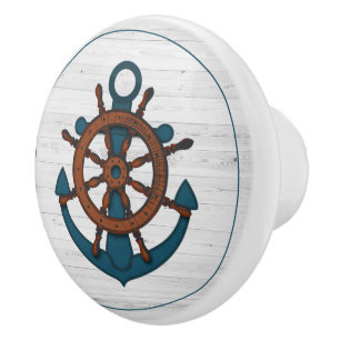 Nautical Anchor on White Wood Ceramic Knob
