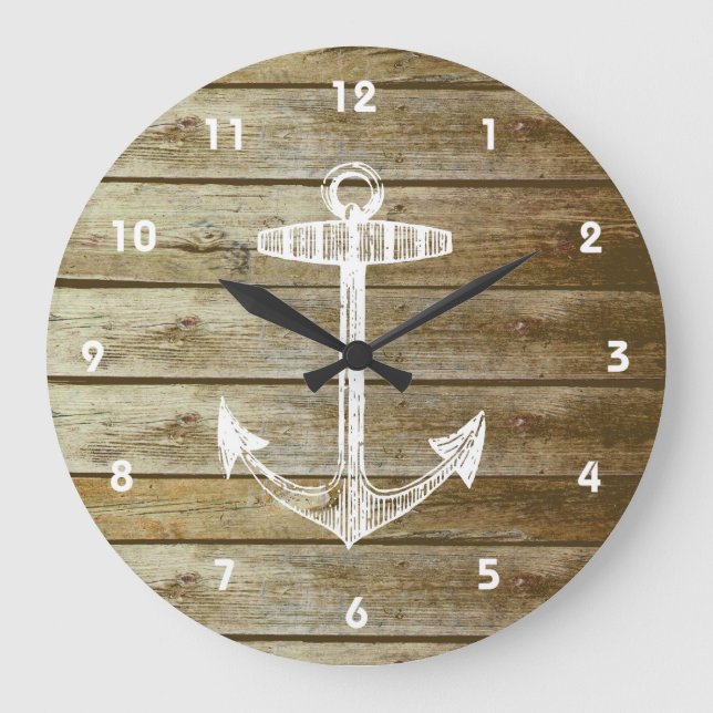 Nautical Anchor on wood graphic Large Clock (Front)