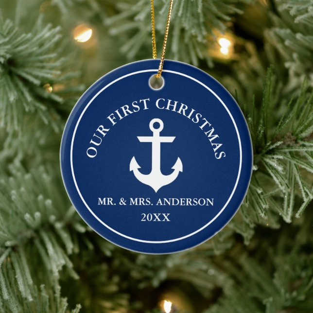 Nautical Anchor Our First Christmas Blue Ceramic Ornament (Tree)