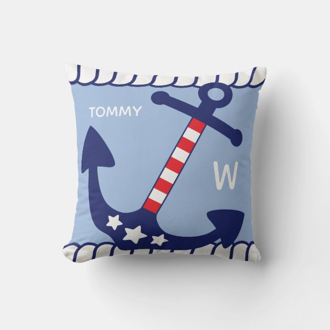 Nautical Anchor Patriotic Add Name & Monogram Throw Pillow (Front)