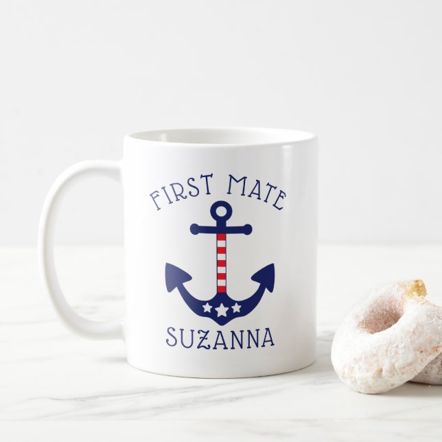 Nautical Anchor Patriotic First Mate Add Name Coffee Mug (With Donut)