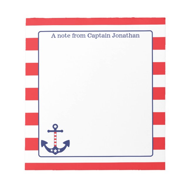 Nautical Anchor Patriotic Red Stripes Monogram Notepad (Front)