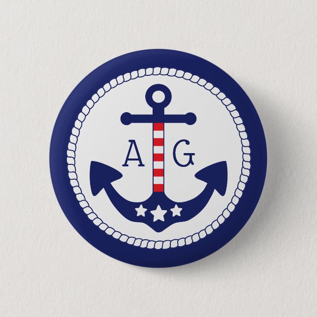 Nautical Anchor Patriotic Stars & Stripes Monogram 2 Inch Round Button (Front)