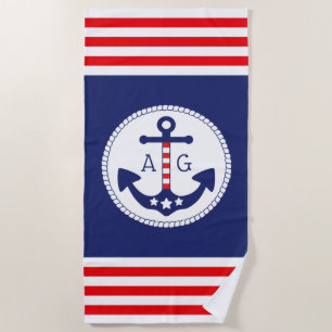 Nautical Anchor Patriotic Stars & Stripes Monogram Beach Towel