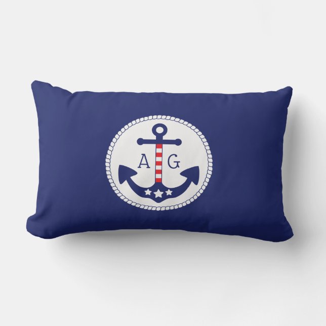 Nautical Anchor Patriotic Stars & Stripes Monogram Lumbar Pillow (Front)
