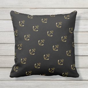 Nautical Anchor Pattern Black and Gold Throw Pillow