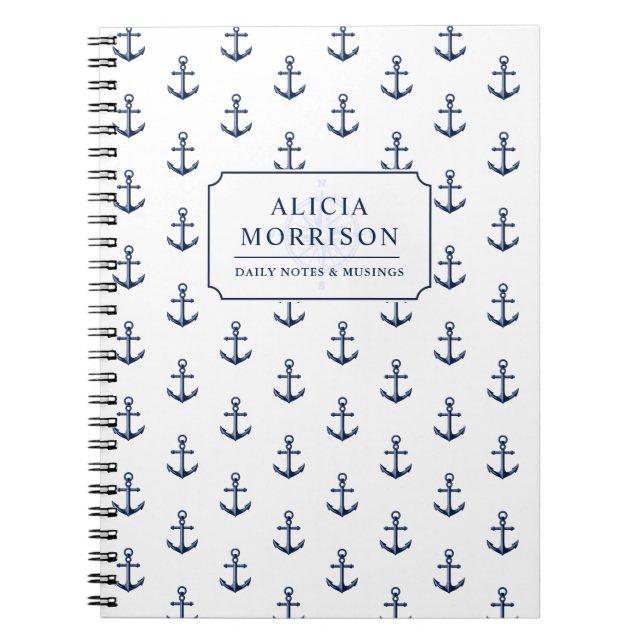 Nautical Anchor Pattern Custom White Notebook (Front)