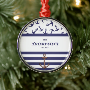 Nautical Anchor Pattern Navy Stripes Family Name  Metal Ornament