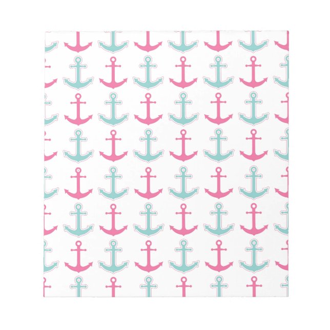 Nautical Anchor Pattern Pink and Aqua Notepad (Front)
