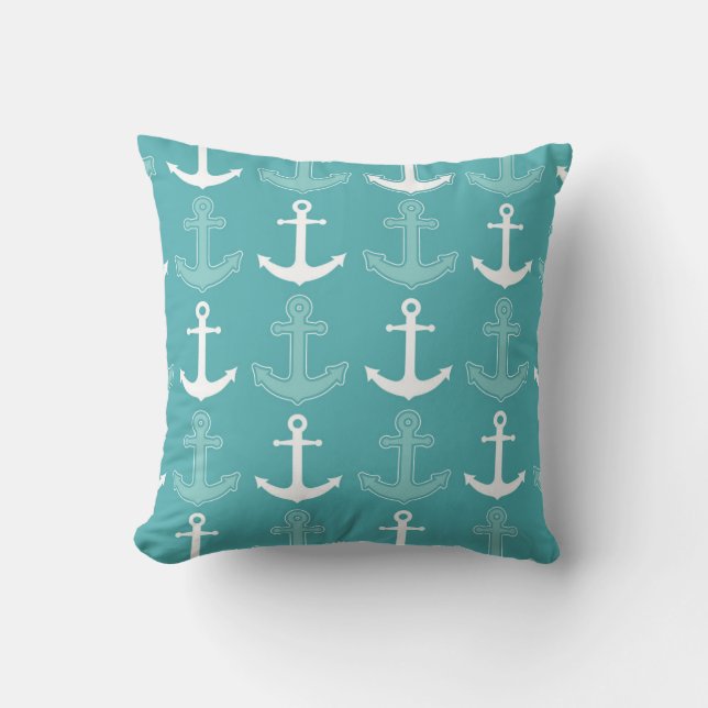 Nautical Anchor Pattern Teal Blue and White Throw Pillow (Front)