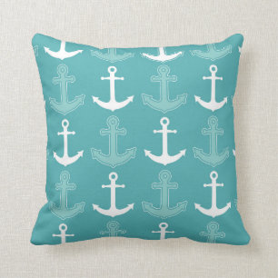 Nautical Anchor Pattern Teal Blue and White Throw Pillow