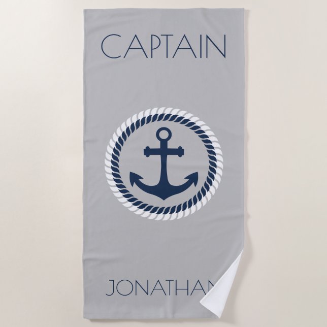 Nautical Anchor Personalized Captain Beach Towel (Front)