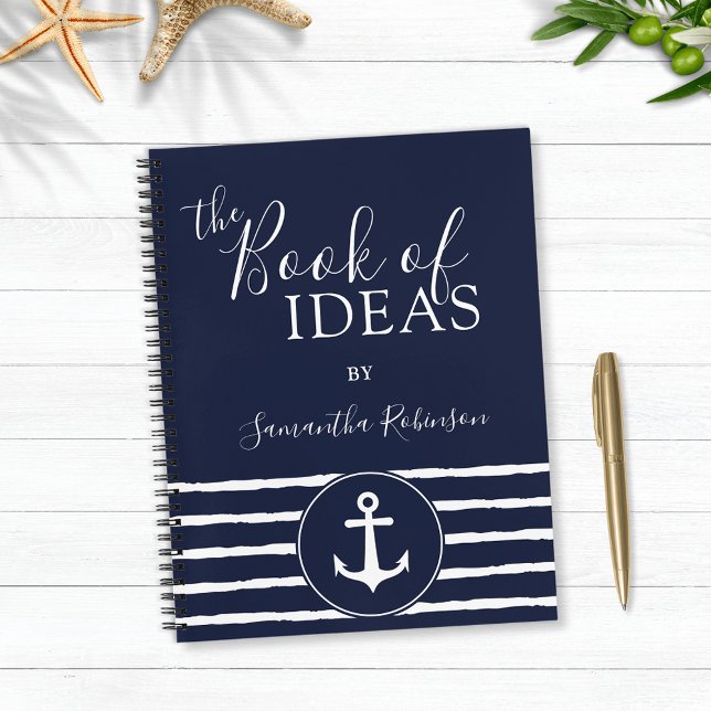 Nautical Anchor Personalized White Navy Blue Notebook (Personalized  Navy Blue Nautical Notebook with Anchor and Stripes)