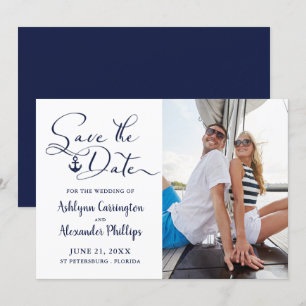 Nautical Anchor Photo Script Typography Navy Blue Save The Date
