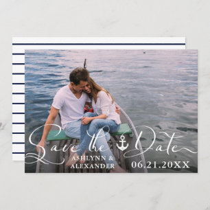 Nautical Anchor Photo Script Typography Navy Blue Save The Date