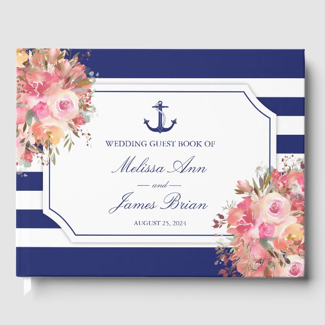 Nautical Anchor Pink Floral Blue Striped Wedding Guest Book (Front)