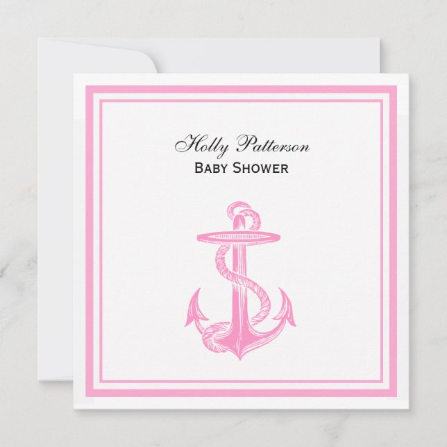 Nautical Anchor Pink Framed 2SQ Baby Shower Invitation (Front)