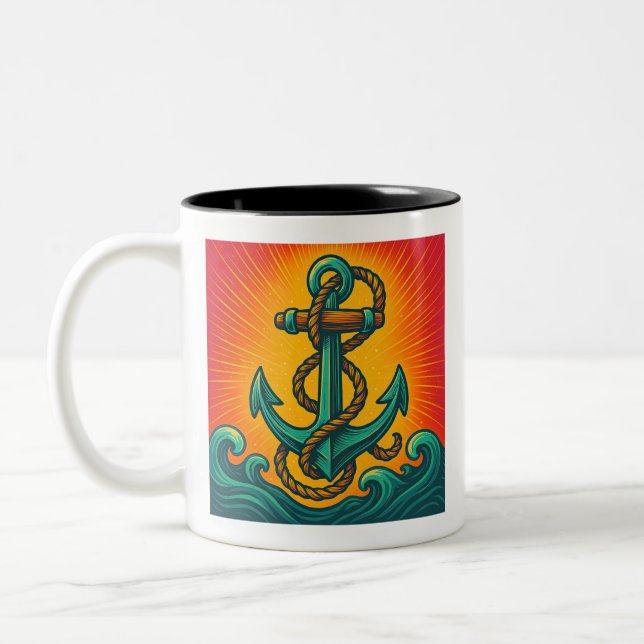 Nautical Anchor Pop Art Two-Tone Coffee Mug (Left)