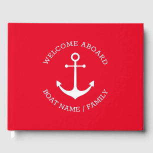 Nautical anchor red custom name welcome aboard guest book