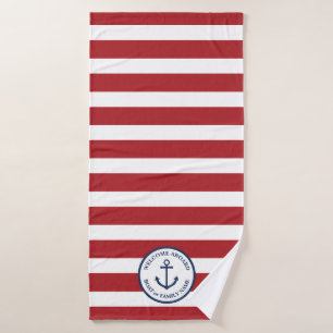 Nautical anchor red striped personalized towel