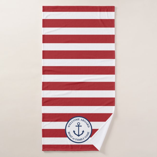 Nautical anchor red striped personalized towel (Bath Towel)