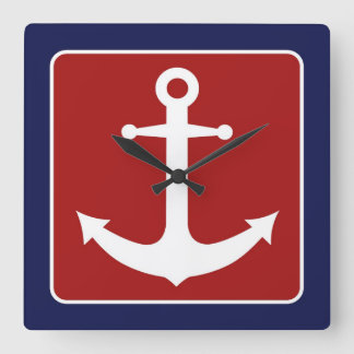 Nautical Anchor - Red White and Blue Square Wall Clock