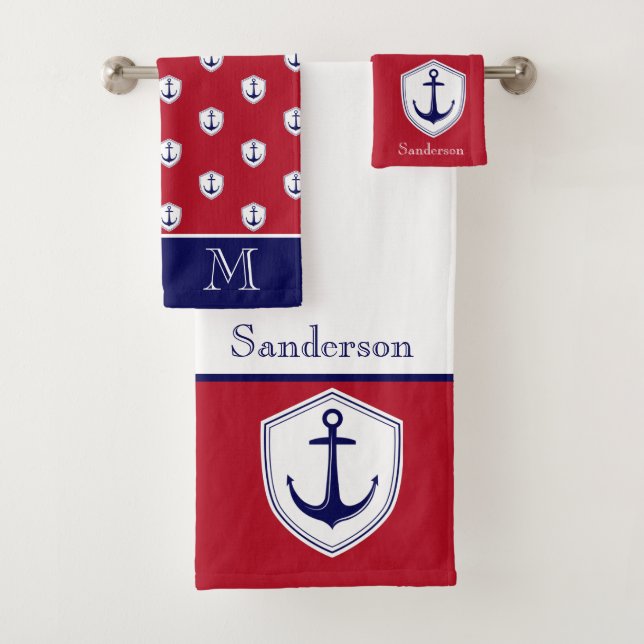 Nautical Anchor  Red White Blue Navy Bathroom Bath Towel Set (Insitu)