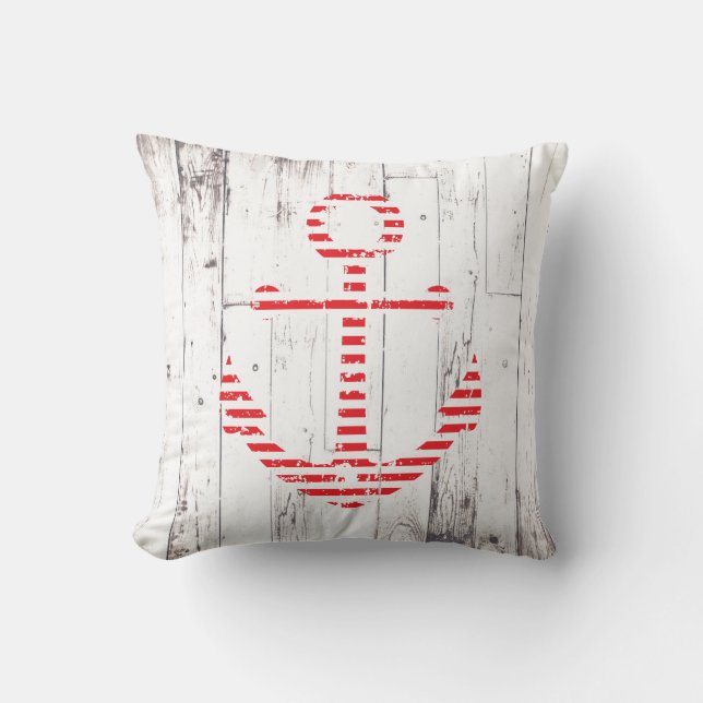 Nautical Anchor Red White Wood Rustic Coastal Throw Pillow (Front)