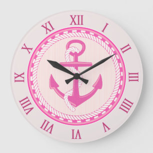 Nautical Anchor Roman Numerals Pink Wall Clock