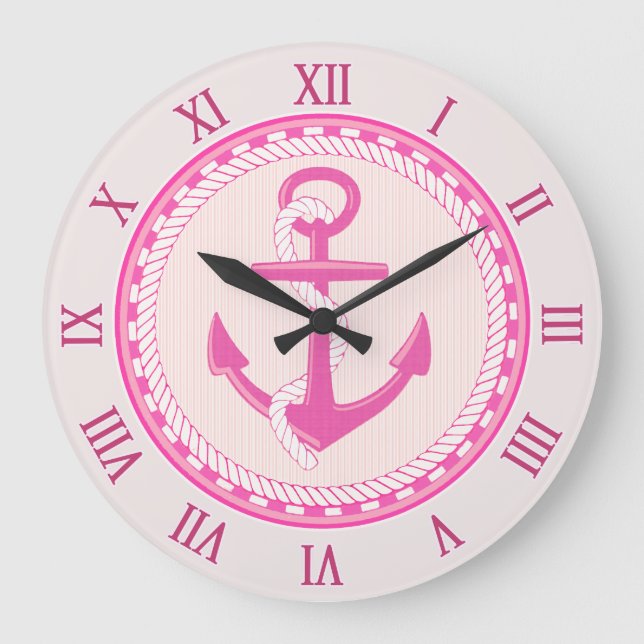 Nautical Anchor Roman Numerals Pink Wall Clock (Front)