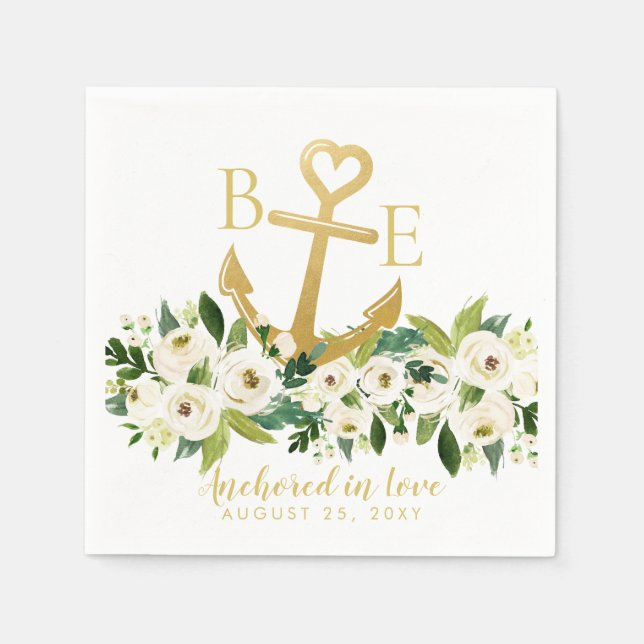 Nautical Anchor Romantic Floral Wedding Napkin (Front)
