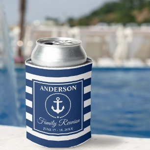 Nautical Anchor Rope Blue Striped Family Reunion Can Cooler